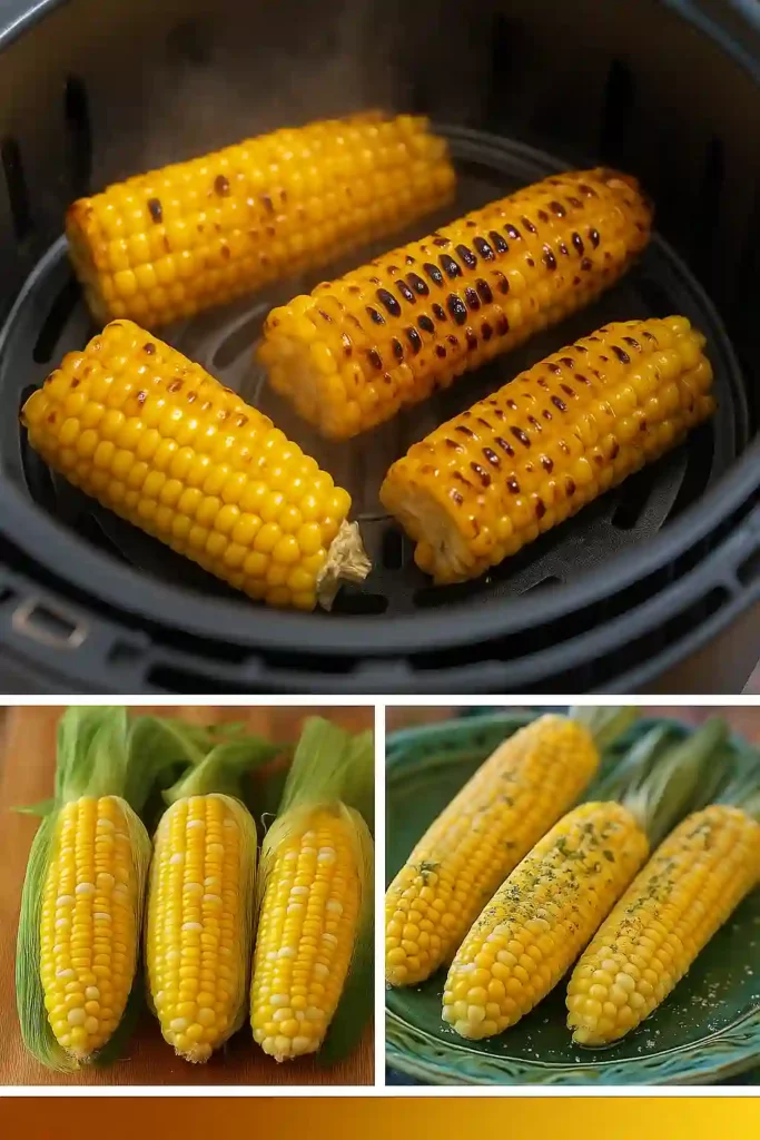 Air fryer corn on the cob cooking and served with seasoning, showing fresh, roasted, and plated corn stages.