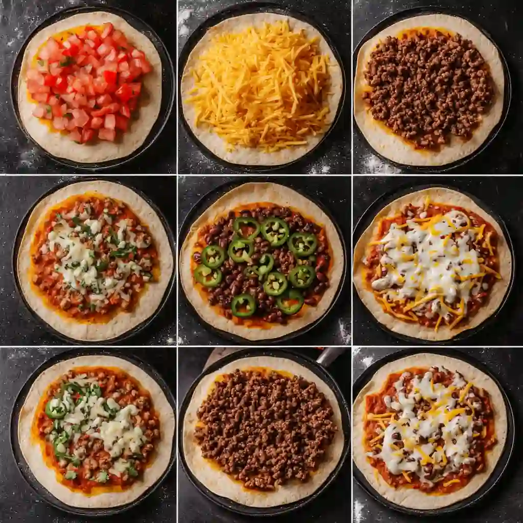 A six-panel collage showing the full process of making Taco Bell Mexican Pizza, from cooking beef to serving the final dish.