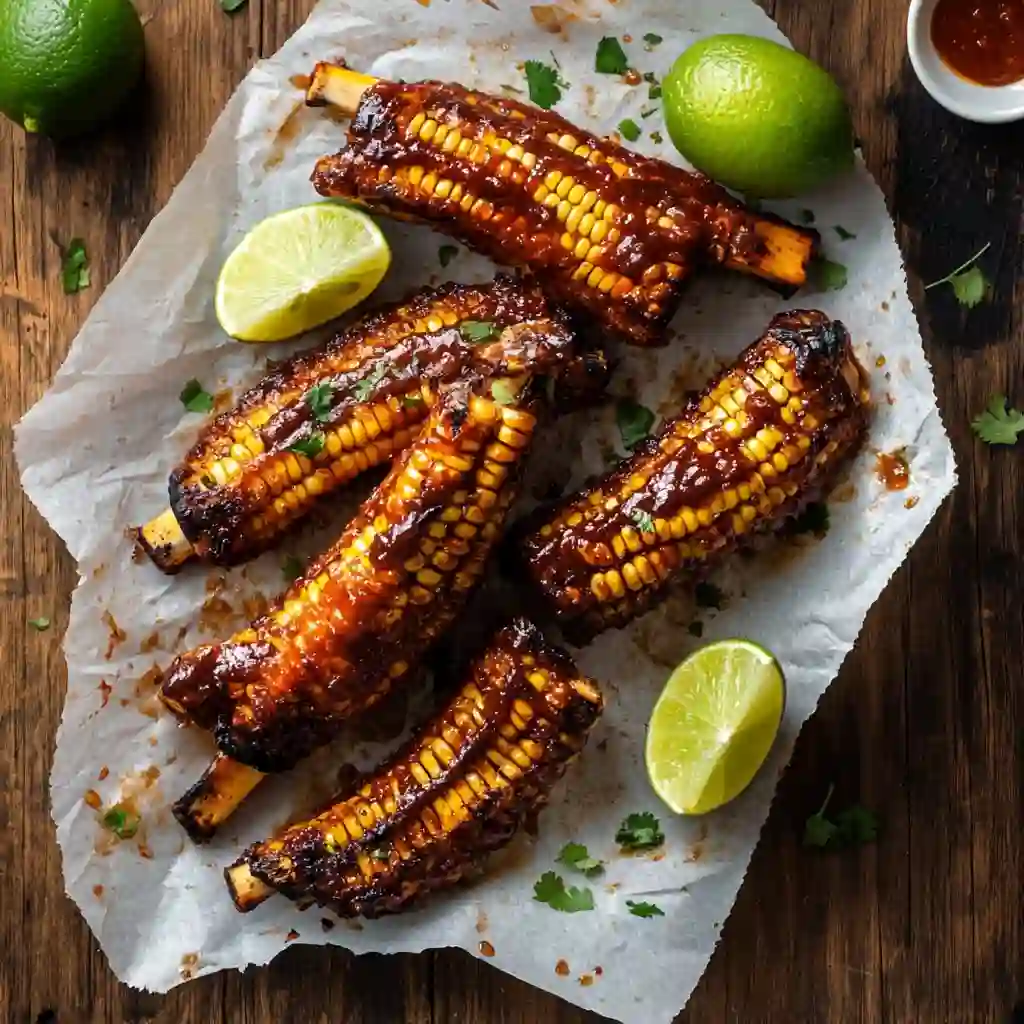 Crispy corn ribs served with dip and lime