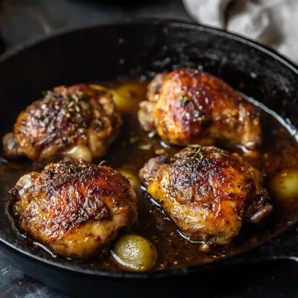 Mexican adobo chicken braising in skillet