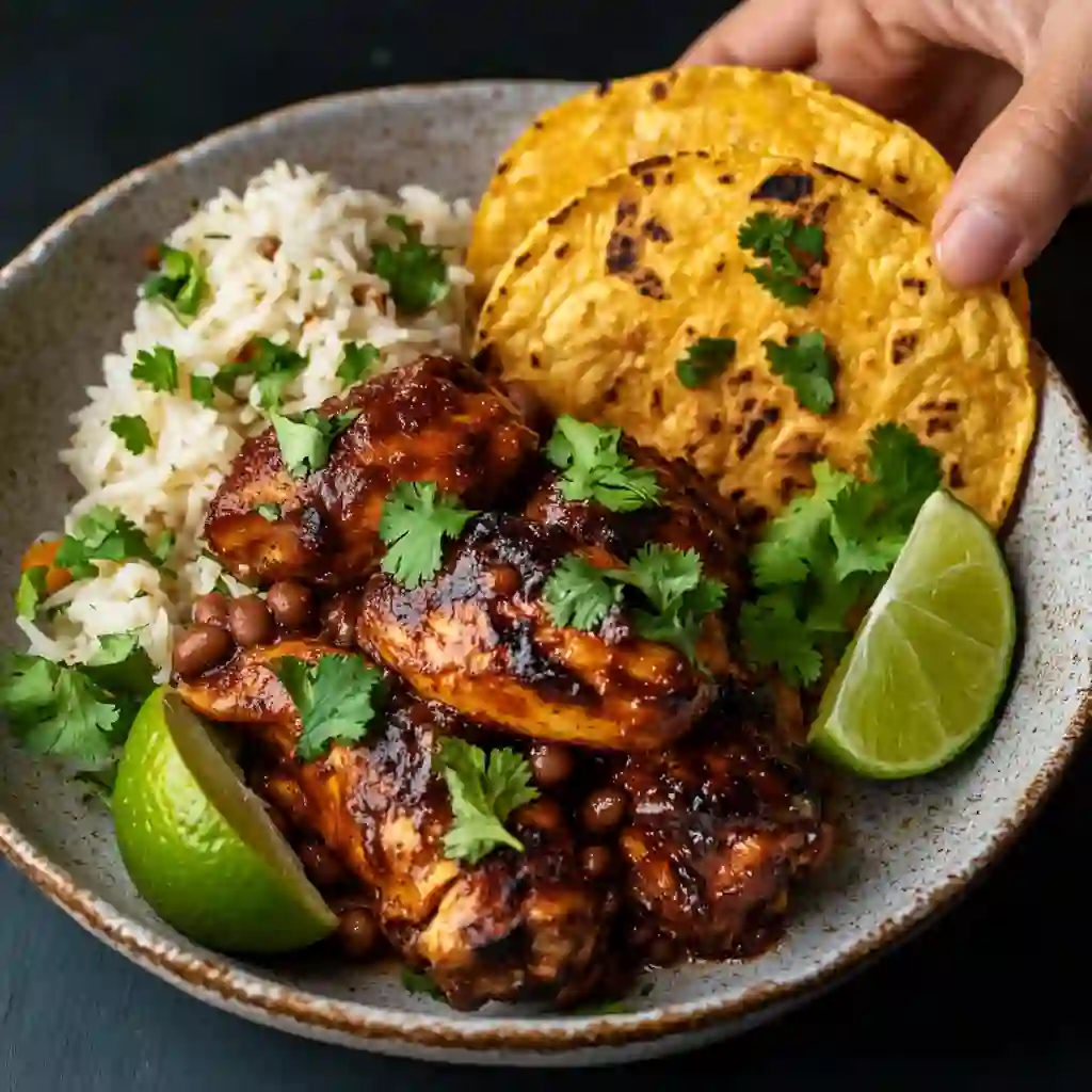 Mexican adobo chicken with rice and beans