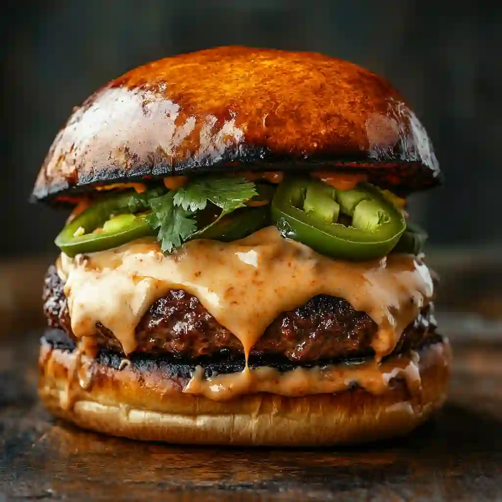 Mexican burger recipe with cheese, avocado, and jalapeños