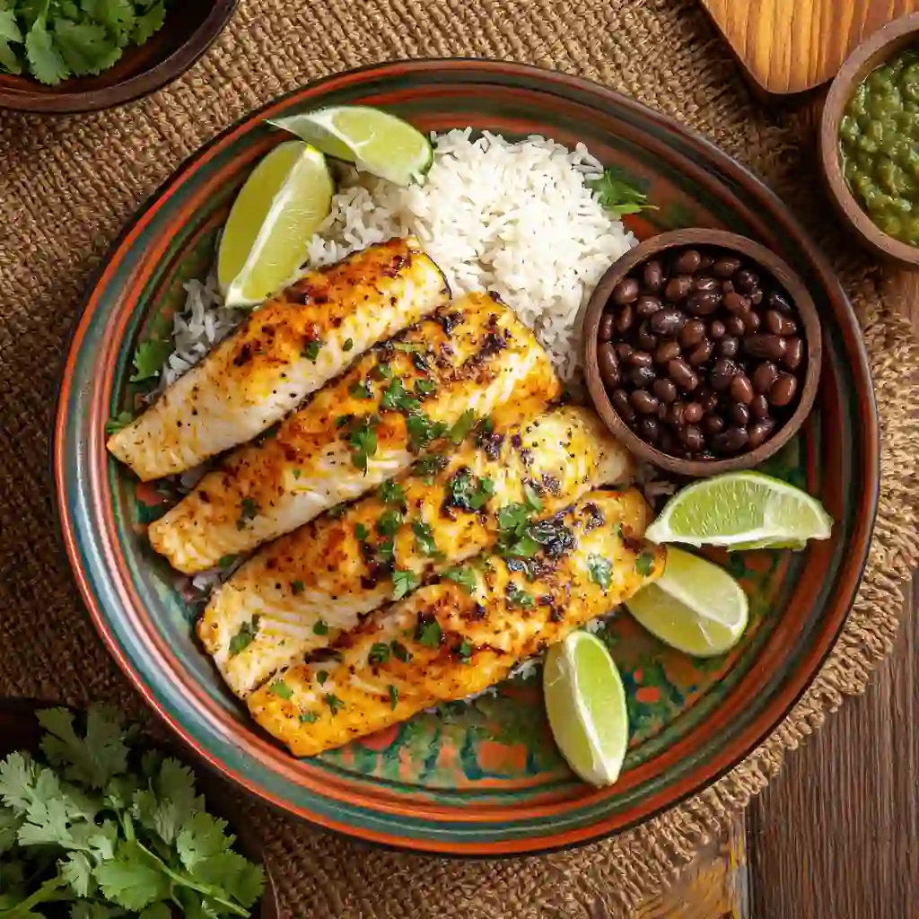 Plated Mexican fish with rice and beans