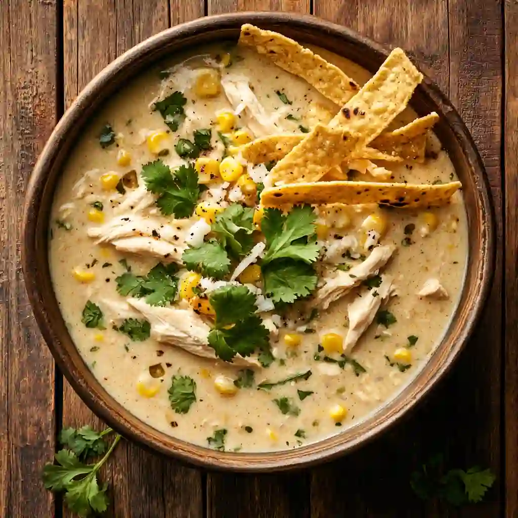 Mexican street corn white chicken chili in a bowl with toppings