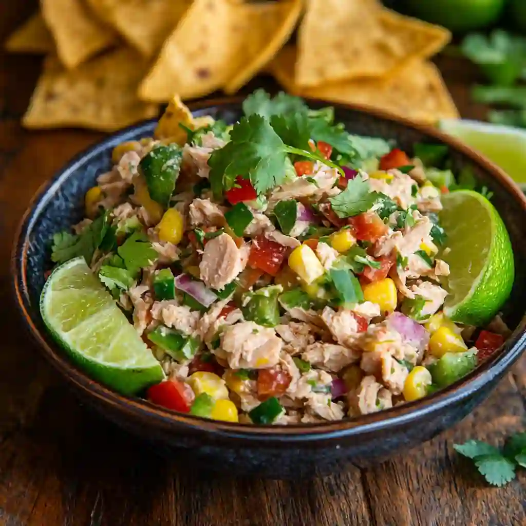 Bowl of Mexican tuna salad with lime and chips