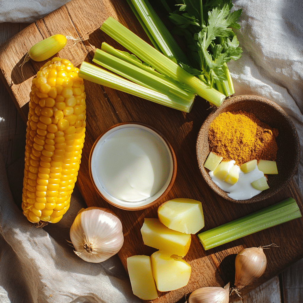 Ingredients for roasted corn chowder laid out on table