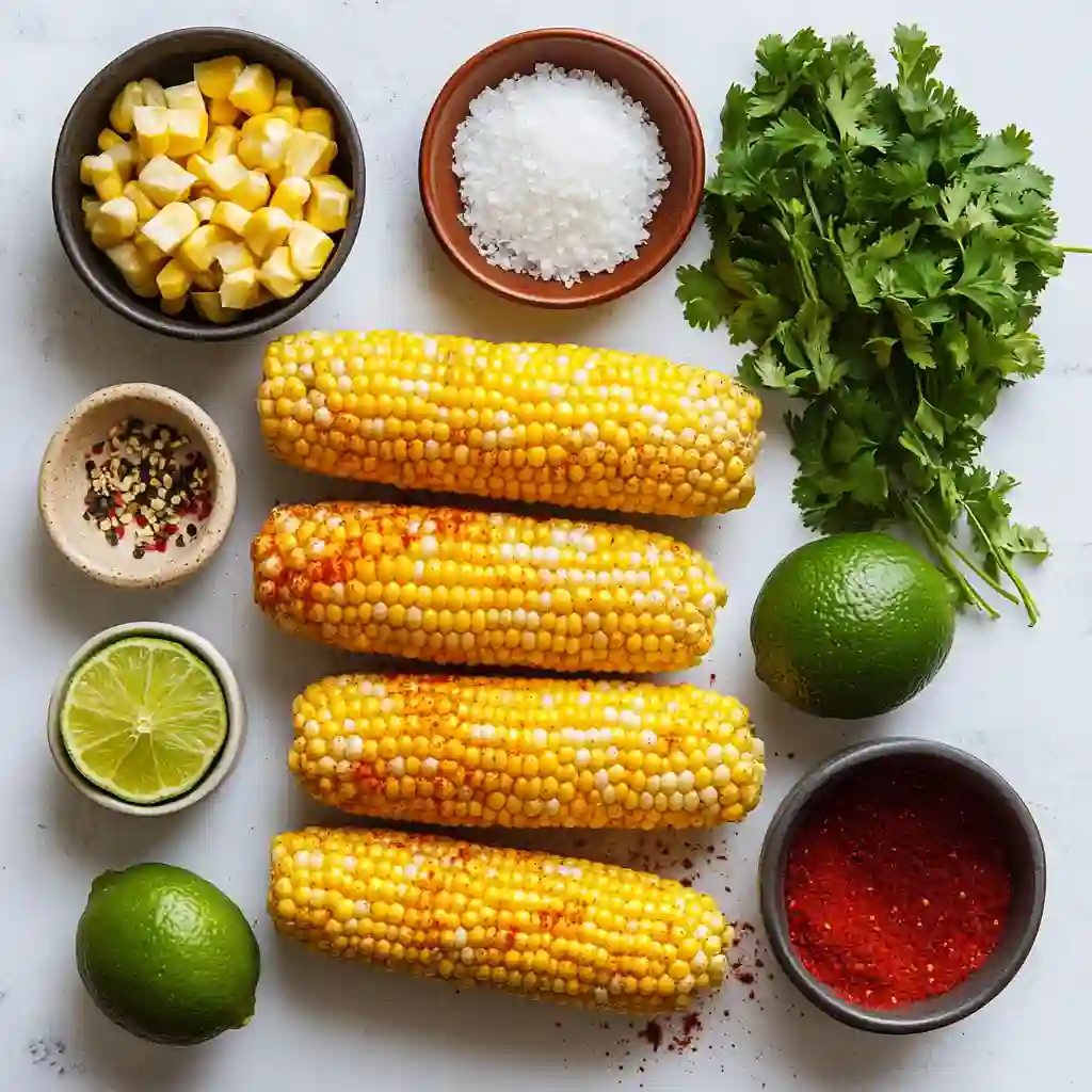 Ingredients for air fryer corn on the cob including fresh corn, lime, cilantro, chili powder, and salt arranged on a white background.