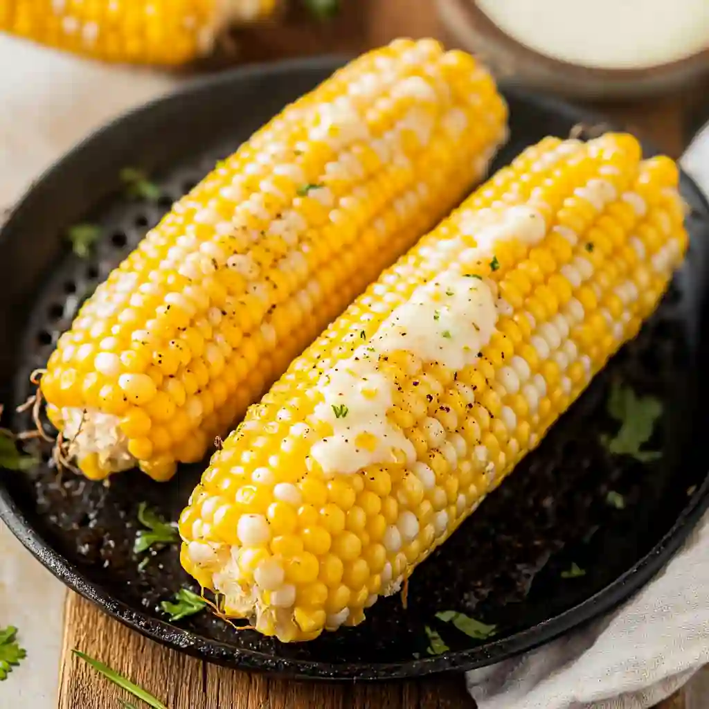 Air fryer corn on the cob with melted butter and black pepper, served hot in a skillet for a quick and easy side dish.
