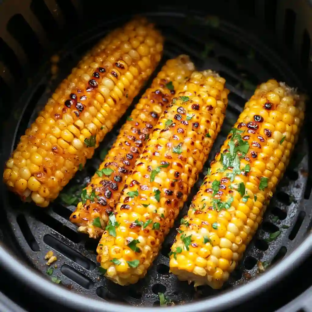 Perfectly roasted corn on the cob in air fryer with char marks and fresh parsley.