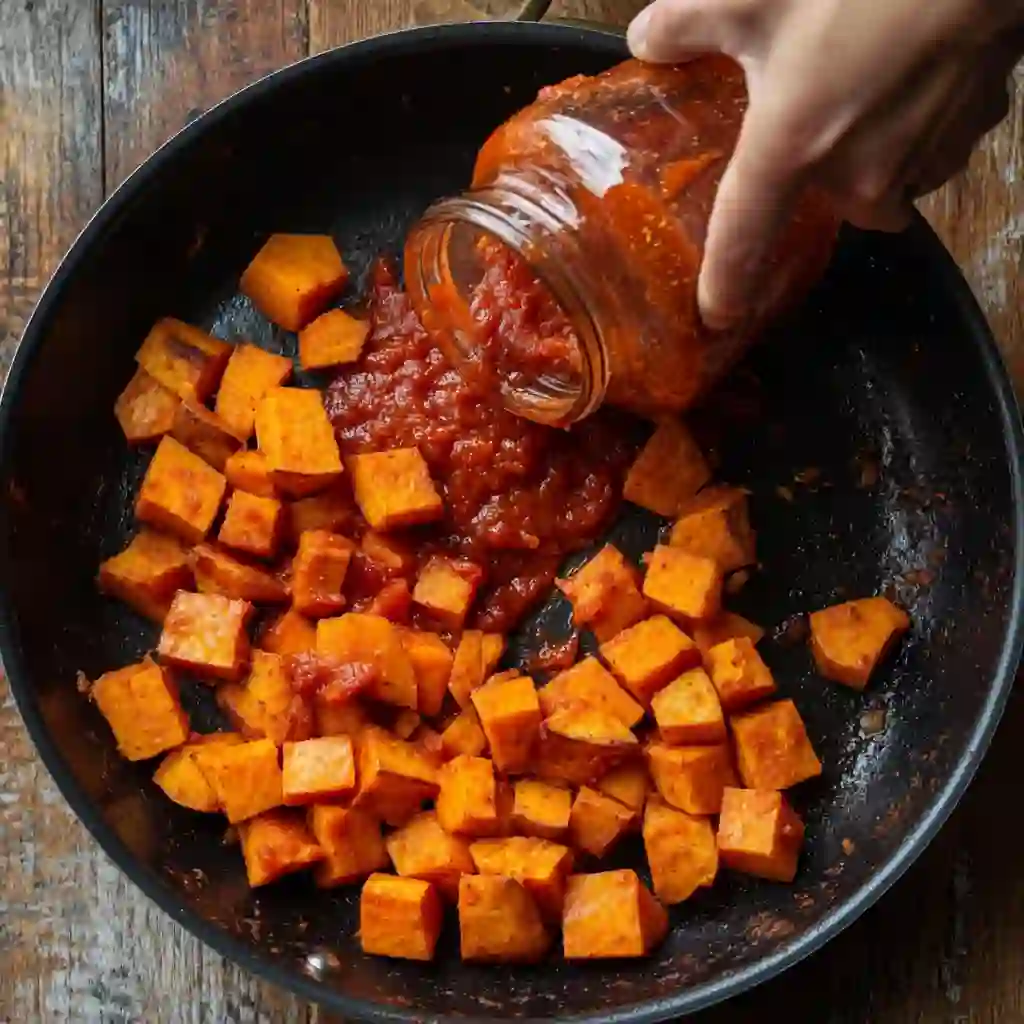 Hand adding cubed sweet potatoes and pouring tomato sauce into the skillet