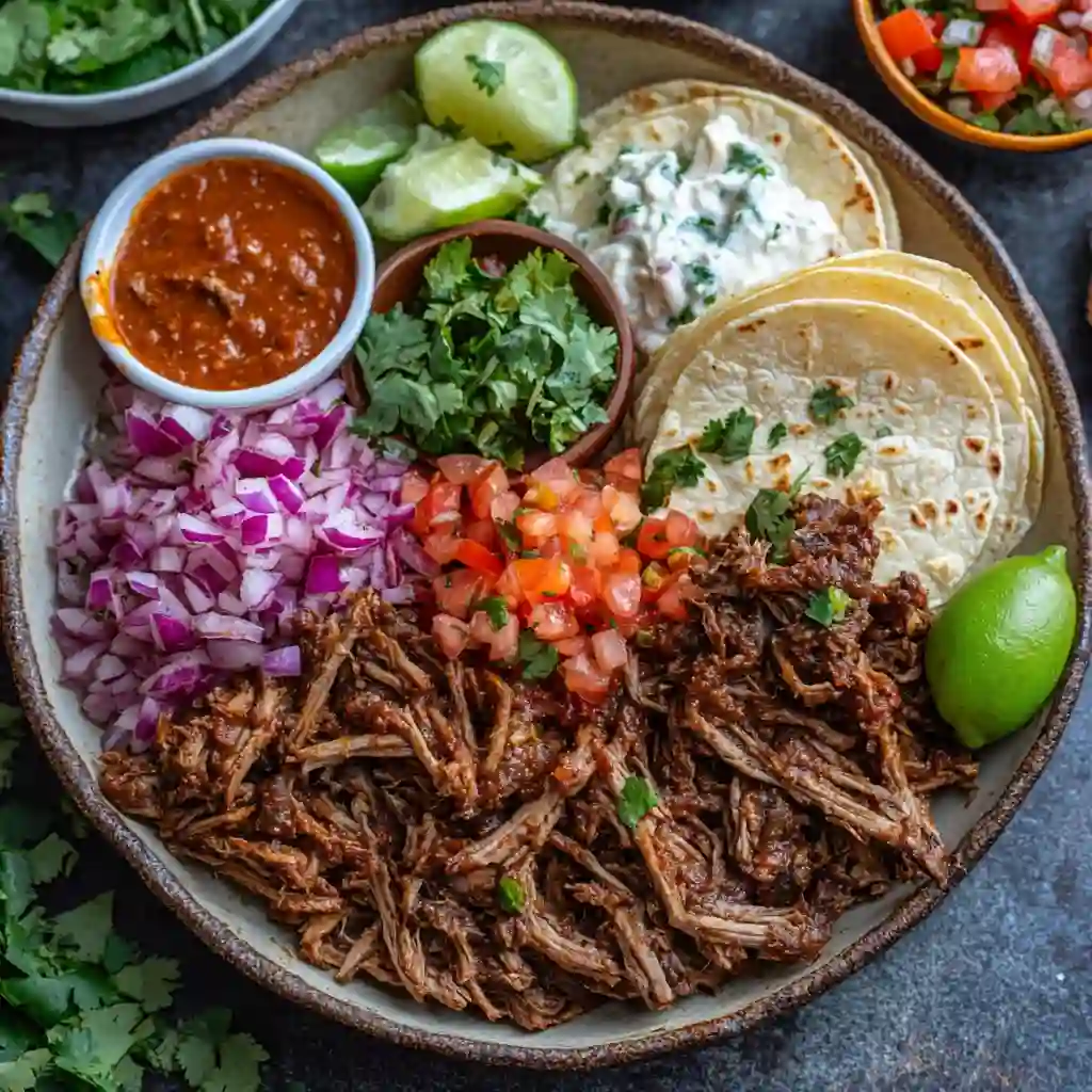 Plate of authentic Mexican barbacoa with shredded beef, corn tortillas, red onions, pico de gallo, fresh cilantro, lime wedges, and creamy salsa, ready to serve.