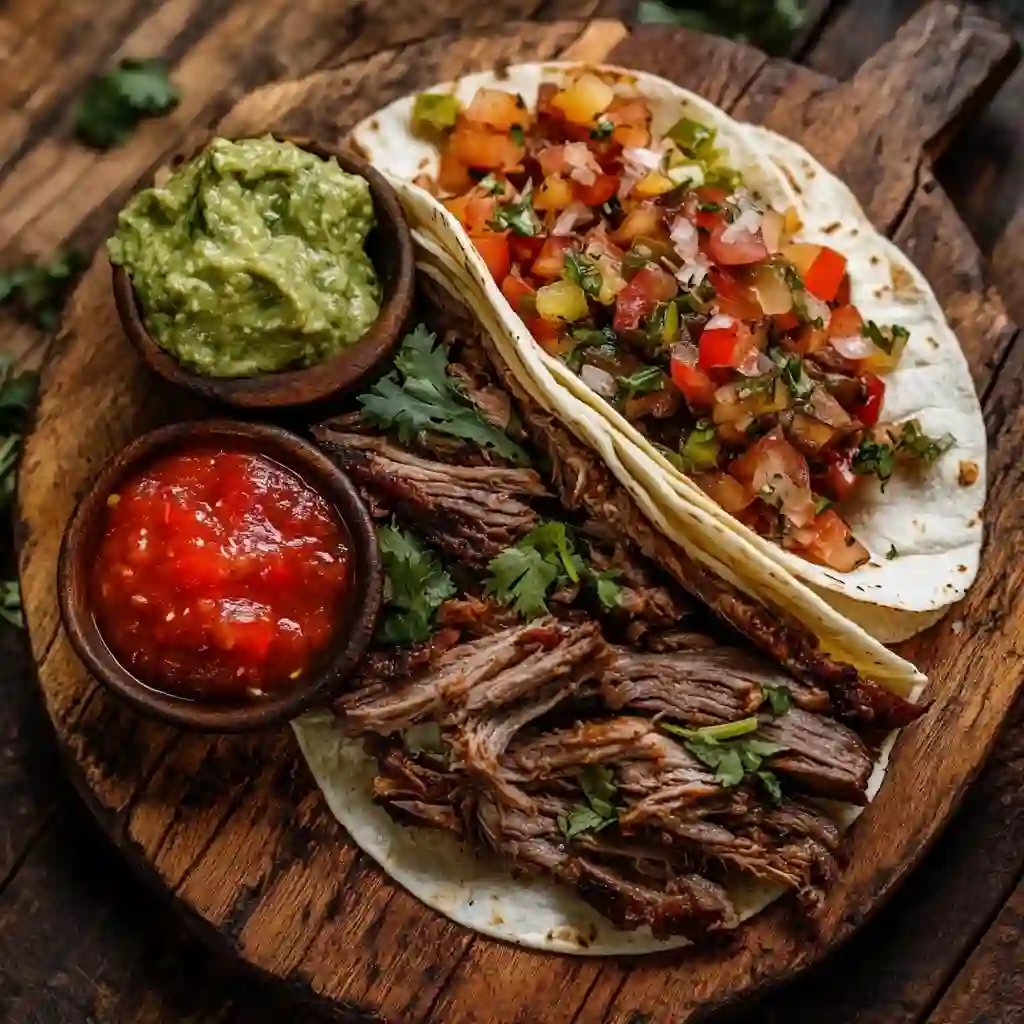 Two soft tacos filled with shredded barbacoa beef and pico de gallo, served with guacamole, red salsa, and fresh cilantro on a rustic wooden plate part of a traditional Mexican barbacoa recipe.