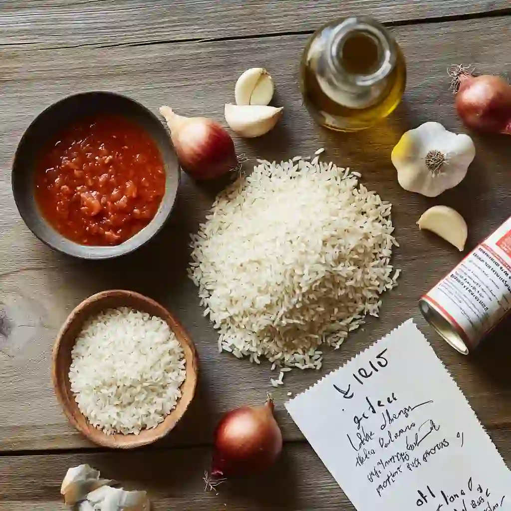 Uncooked rice, tomato sauce, garlic, onion, oil, and broth laid out casually on a wooden table.