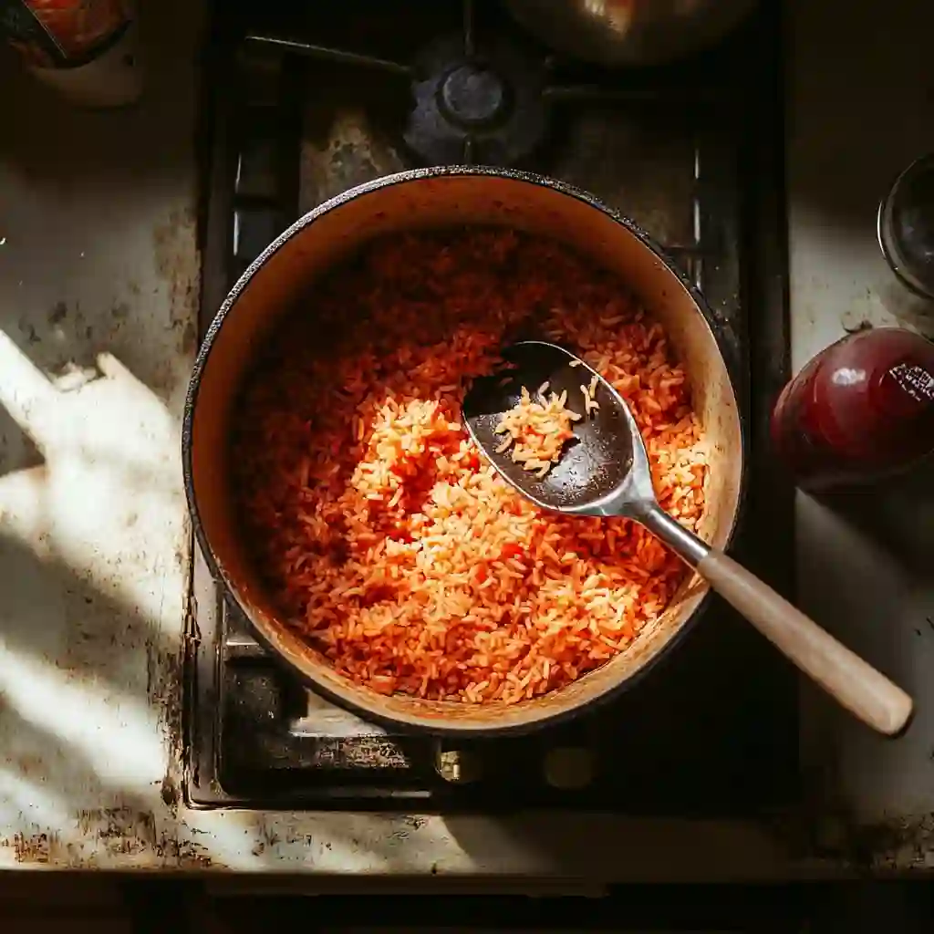 Homemade pot of Mexican red rice on a stovetop with slight mess around, under soft natural light.