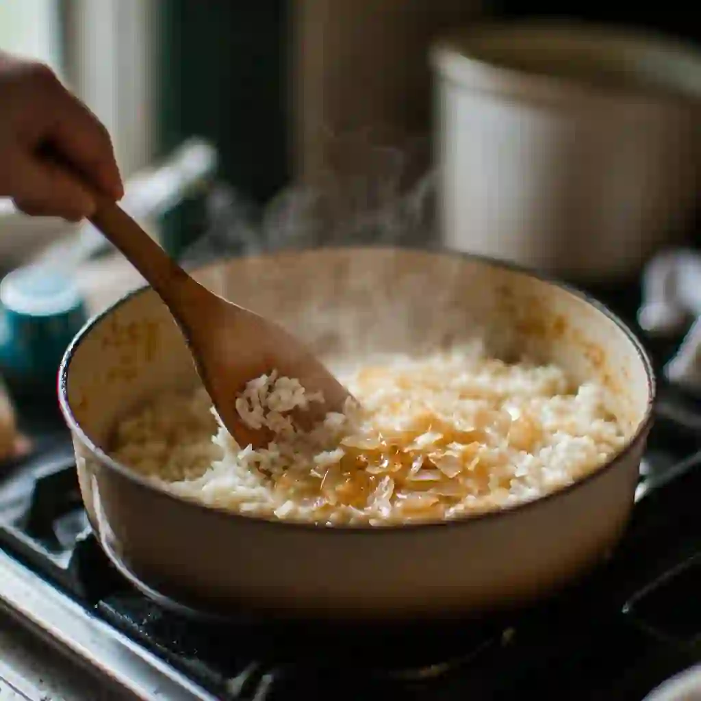 Uncooked rice, tomato sauce, garlic, onion, oil, and broth laid out casually on a wooden table.