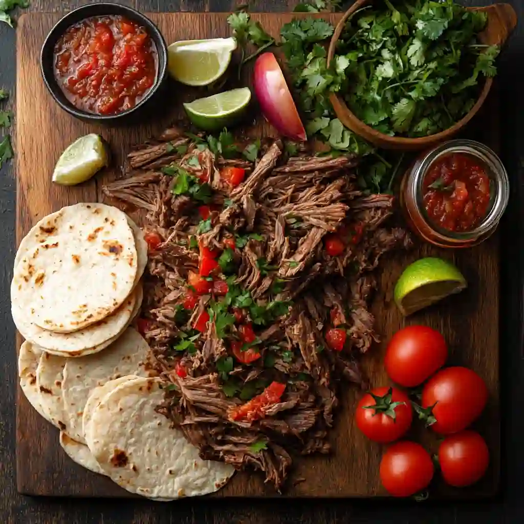 Shredded beef barbacoa served on a wooden board with soft tortillas, fresh cilantro, salsa, lime wedges, tomatoes, and red onion traditional setup for a Mexican barbacoa recipe.