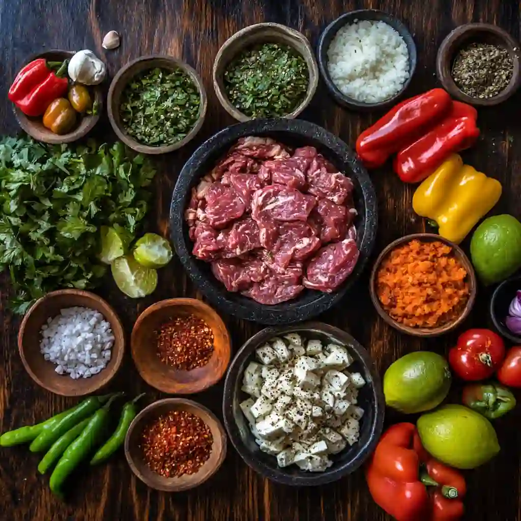 Flat lay of fresh ingredients for a Mexican Barbacoa recipe, including raw beef, spices, garlic, herbs, chiles, peppers, onions, limes, and cilantro on a rustic wooden table.