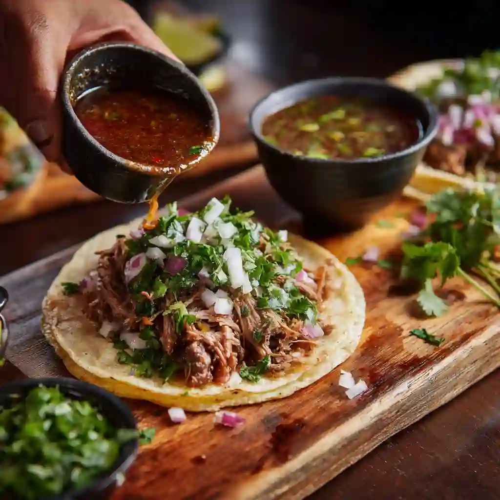 Barbacoa taco being dipped into a small bowl of consomé