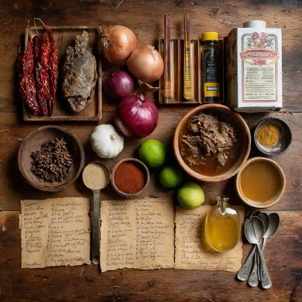 Ingredients for homemade barbacoa consomé laid out on a kitchen counter