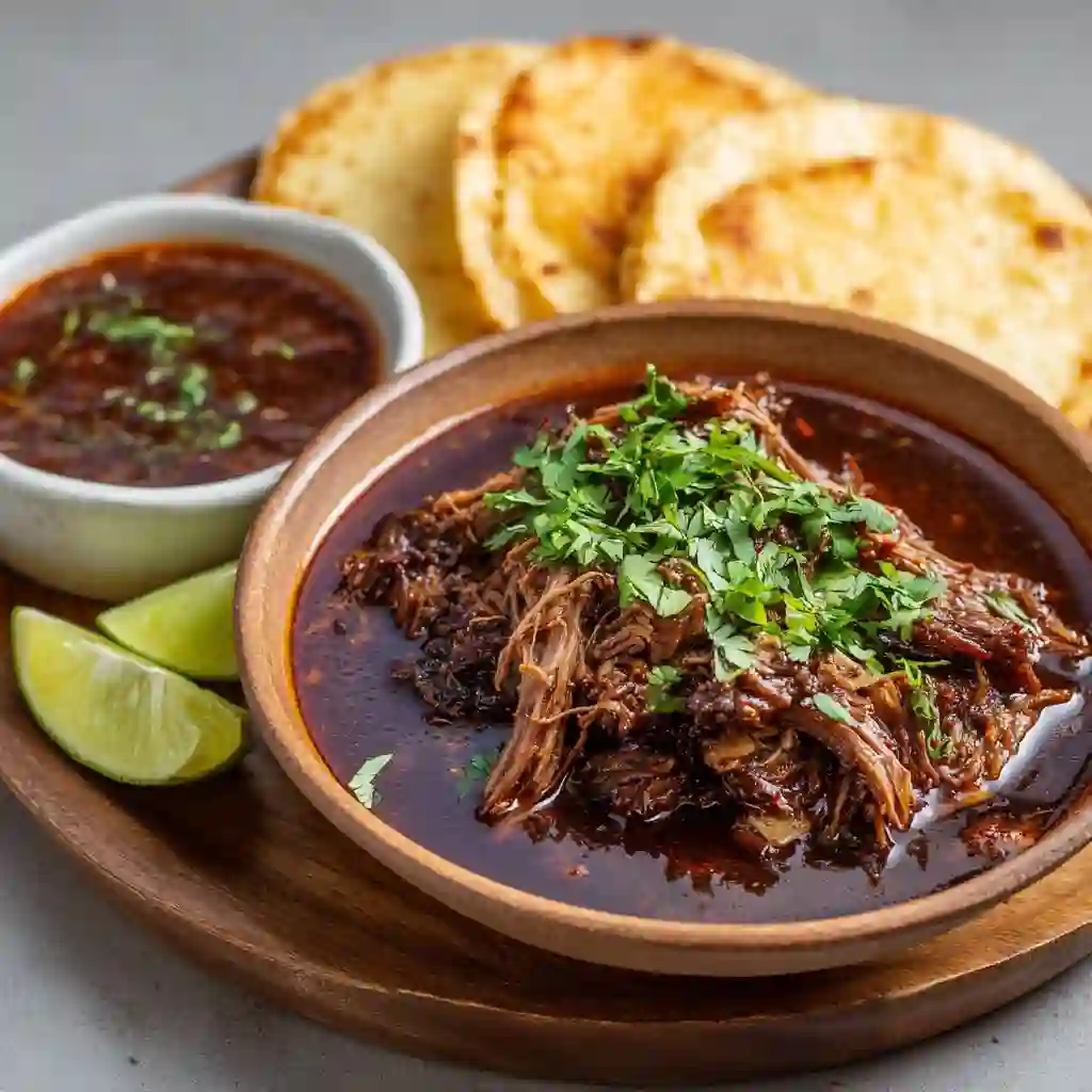 Hand pouring barbacoa consomé a home kitchen