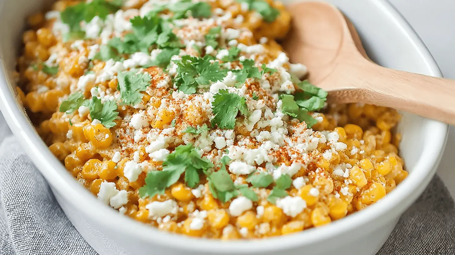 A vibrant, close-up image of a creamy corn dish, garnished with cheese, cilantro, and chili powder, showcasing a delicious creamed corn recipe in an oval white serving dish.